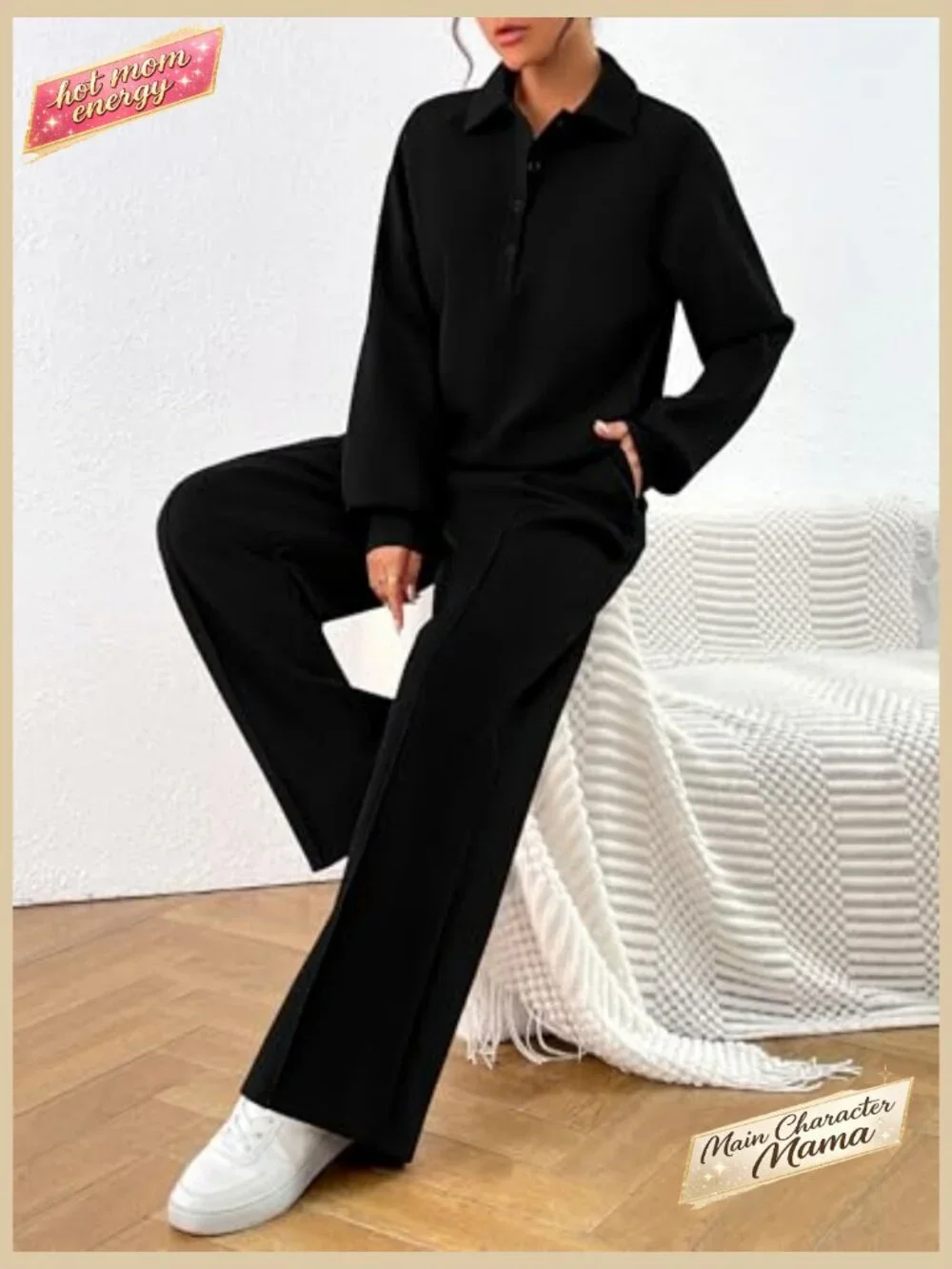 Quarter Button Sweatshirt Wide Leg Pants Lounge Set Long Sleeve Comfy Tracksuit - Picture 5 of 7